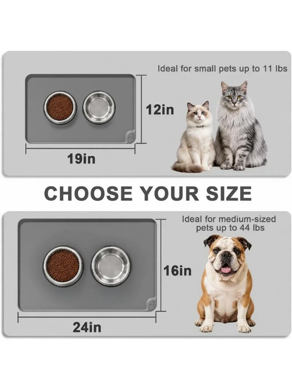 Premium Waterproof Pet Feeding Mat - 24''x16'' Non-Slip, Raised Edge Gray
